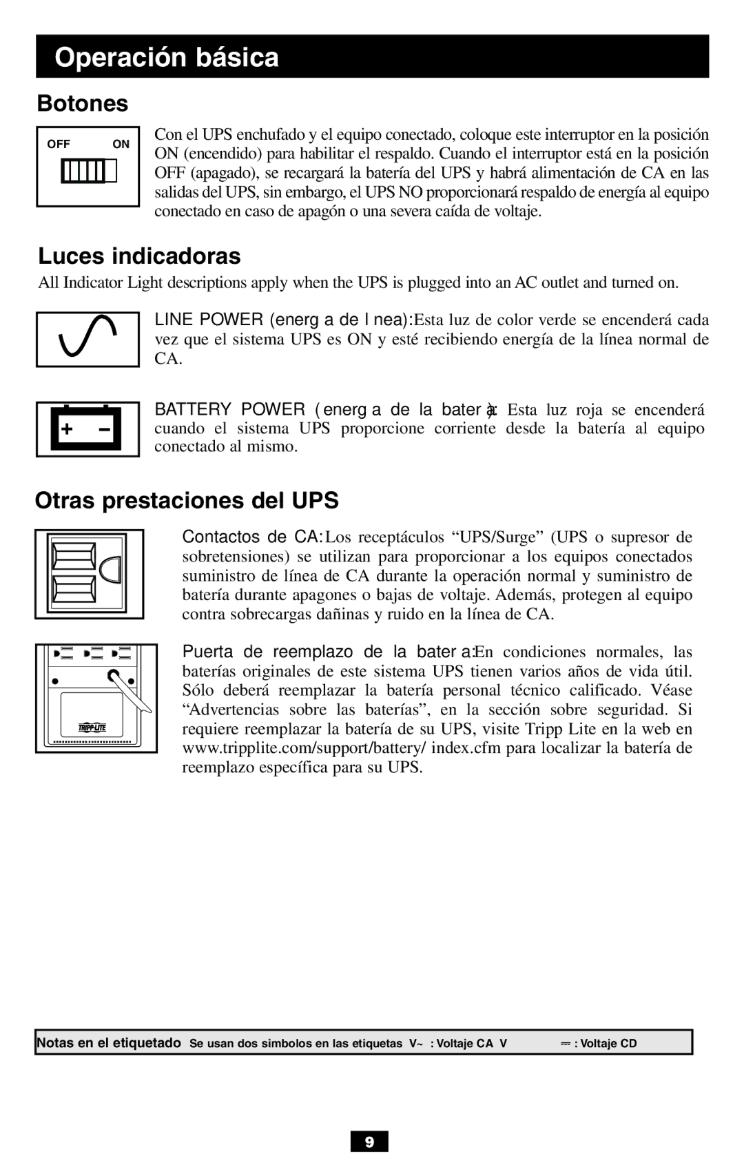 Tripp Lite BCPERS300 owner manual Operación básica, Botones, Luces indicadoras, Otras prestaciones del UPS 