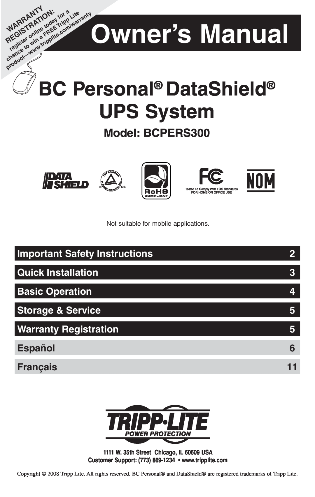 Tripp Lite owner manual Owner’s Manual, Model BCPERS300, Important Safety Instructions, Quick Installation, Español 