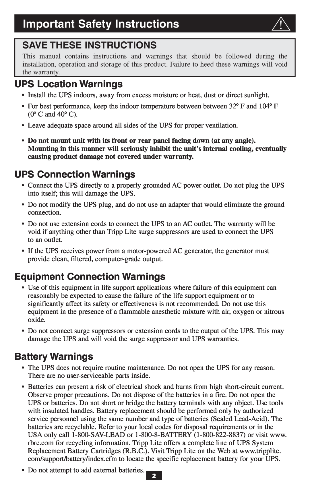 Tripp Lite BCPERS300 Important Safety Instructions, Save These Instructions, UPS Location Warnings, Battery Warnings 