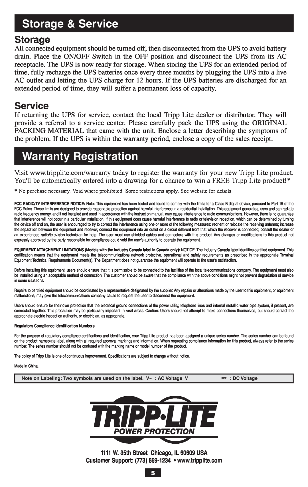Tripp Lite BCPERS300 owner manual Storage & Service, Warranty Registration 