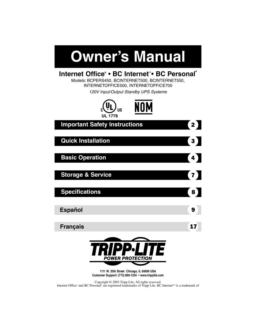 Tripp Lite INTERNETOFFICE500, BCPERS450, INTERNETOFFICE700 owner manual Internet Office BC Internet BC Personal 