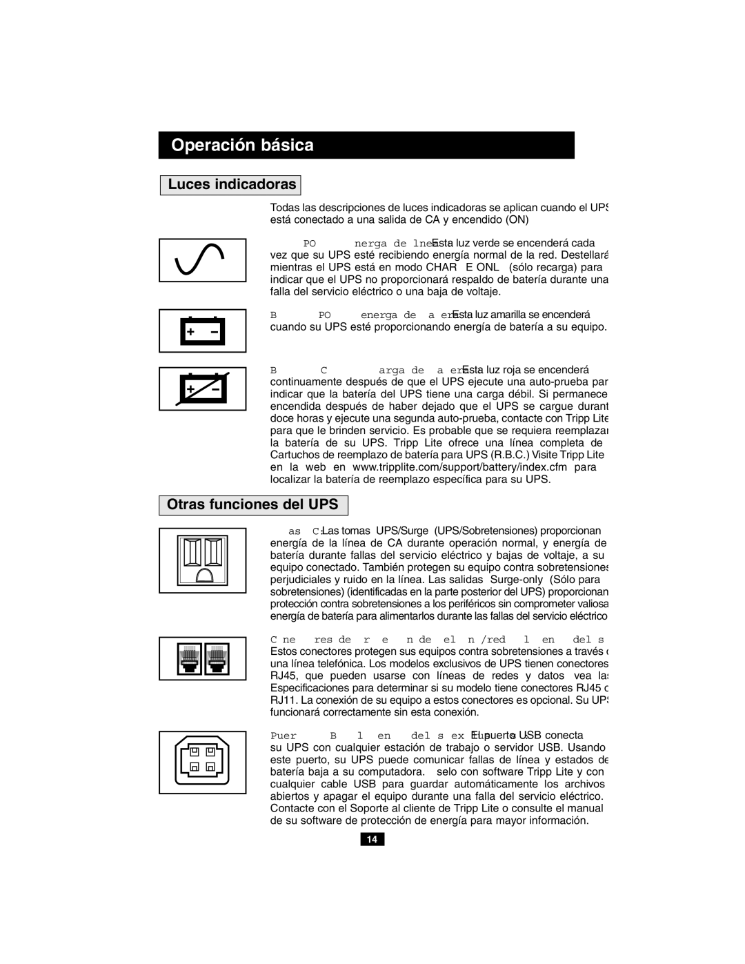 Tripp Lite BCINTERNET550, BCPERS450, INTERNETOFFICE500, INTERNETOFFICE700 Luces indicadoras, Otras funciones del UPS 