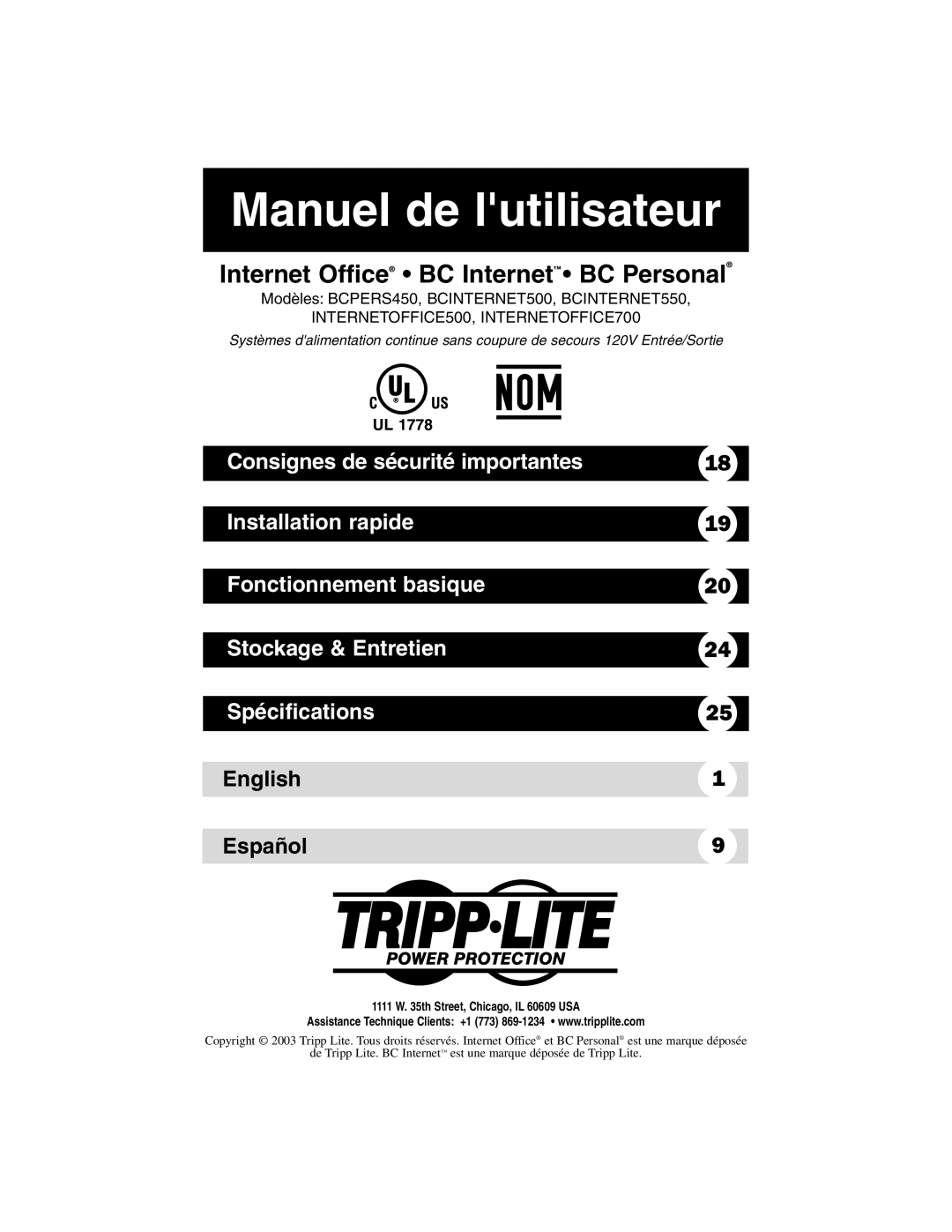 Tripp Lite INTERNETOFFICE700, BCPERS450, INTERNETOFFICE500, BCINTERNET500, BCINTERNET550 owner manual Manuel de lutilisateur 