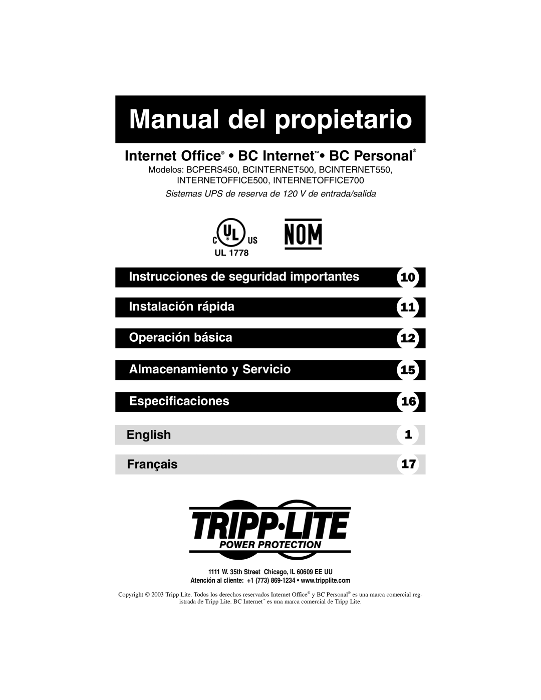 Tripp Lite BCINTERNET550, BCPERS450, INTERNETOFFICE500, INTERNETOFFICE700, BCINTERNET500 owner manual Manual del propietario 