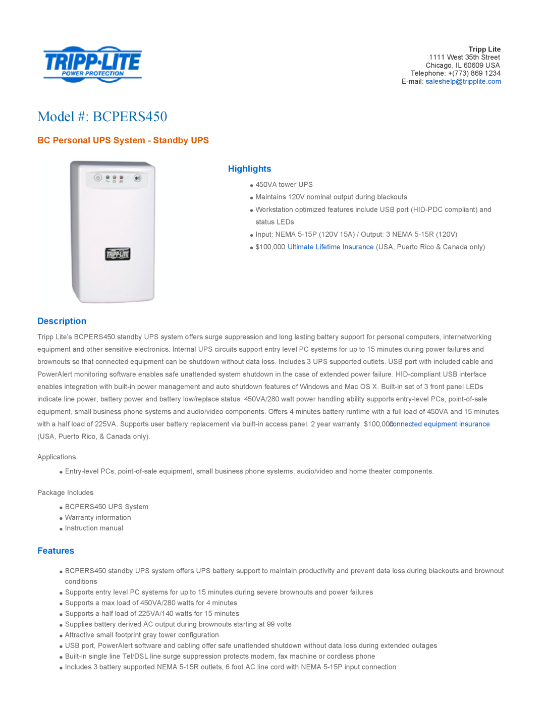 Tripp Lite warranty Highlights, Description, Features, Model # BCPERS450, BC Personal UPS System - Standby UPS 