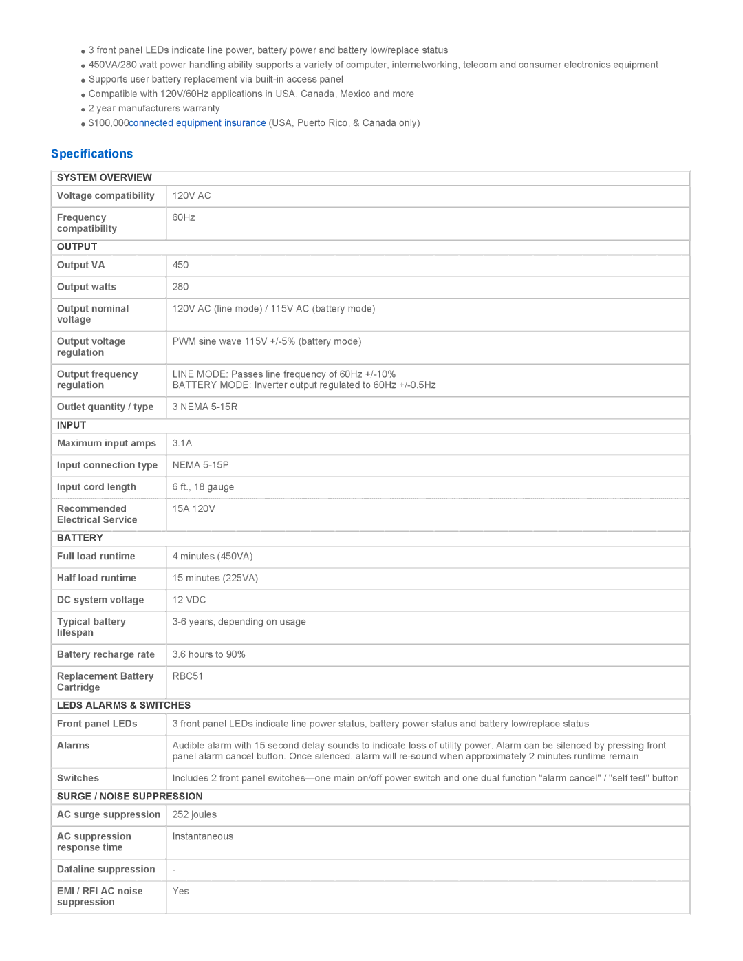 Tripp Lite BCPERS450 warranty Specifications 