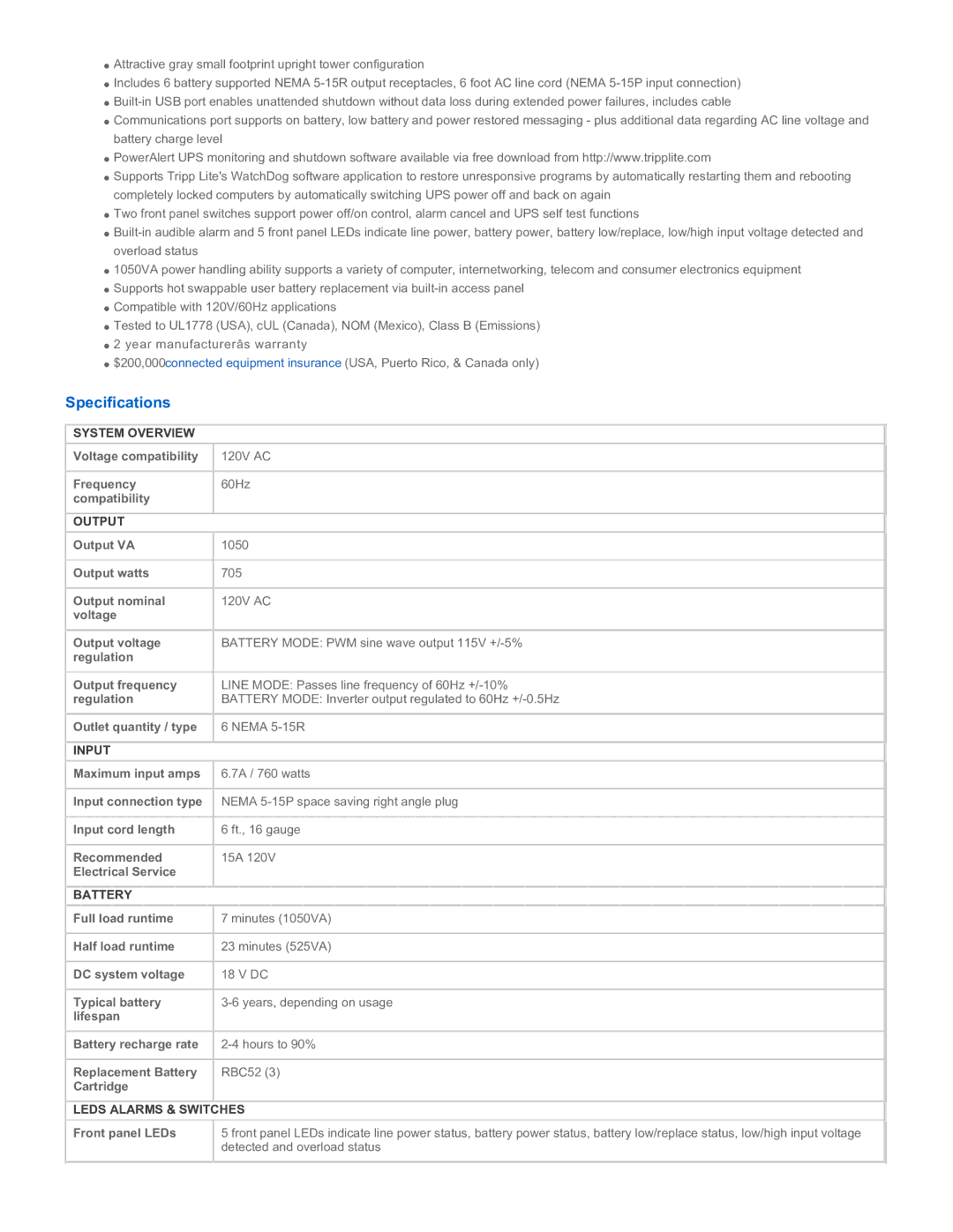 Tripp Lite BCPRO1050 warranty Specifications 