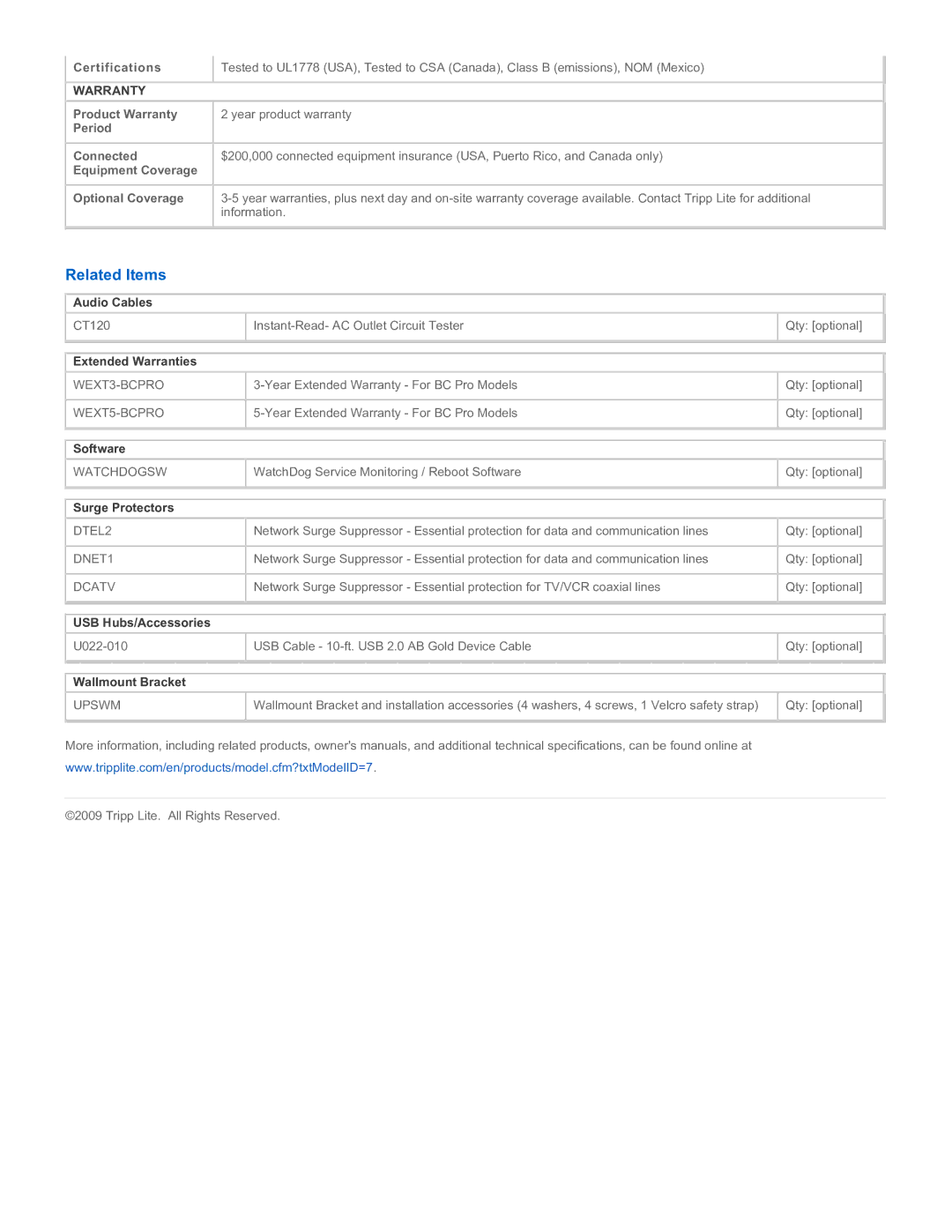 Tripp Lite BCPRO1050 warranty Related Items, Warranty 