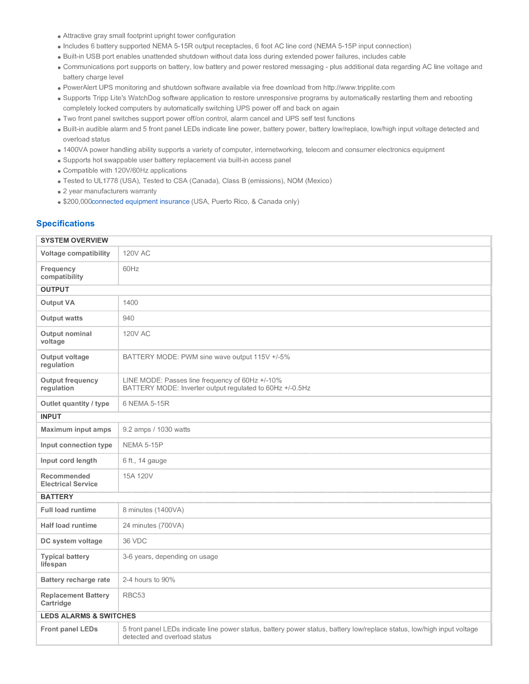 Tripp Lite BCPRO1400 warranty Specifications 