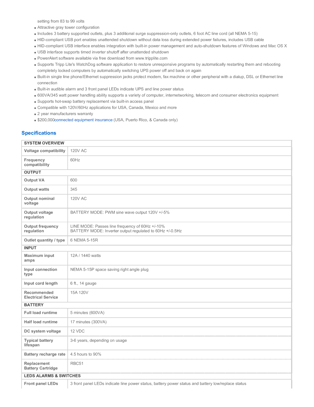 Tripp Lite BCPRO600 warranty Specifications 