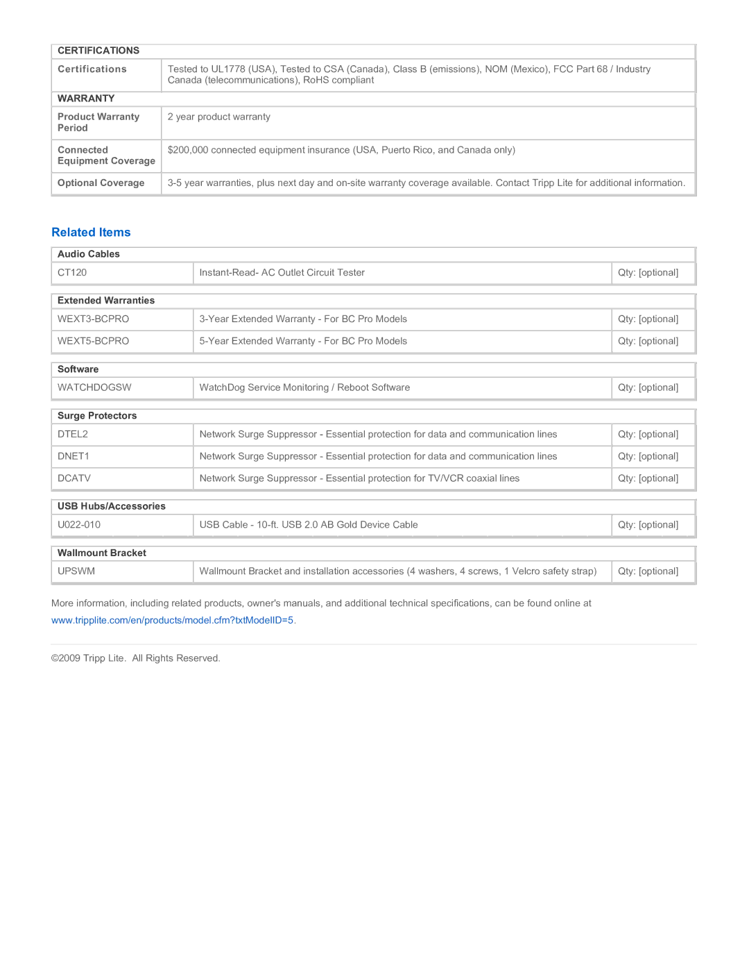 Tripp Lite BCPRO600 warranty Related Items, Certifications, Warranty 