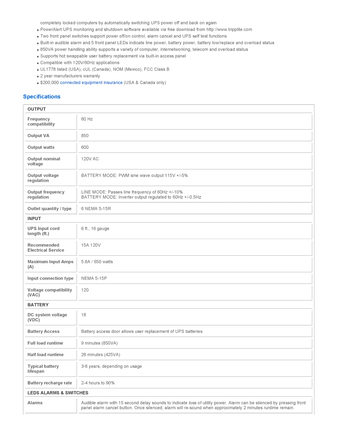 Tripp Lite BCPRO850 warranty Specifications, Output, Input, Battery, Leds Alarms & Switches 