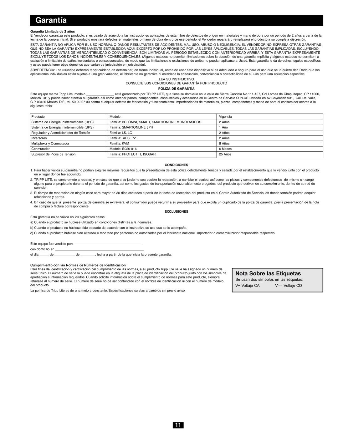 Tripp Lite BP Series owner manual Nota Sobre las Etiquetas 