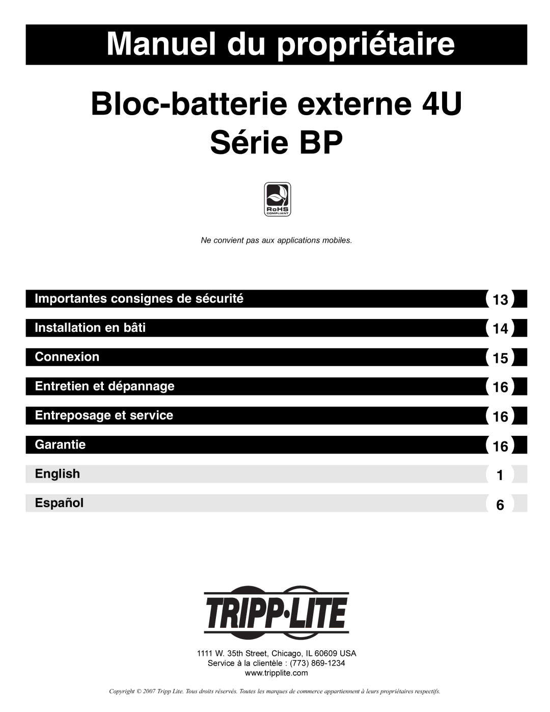 Tripp Lite BP Series owner manual Manuel du propriétaire 