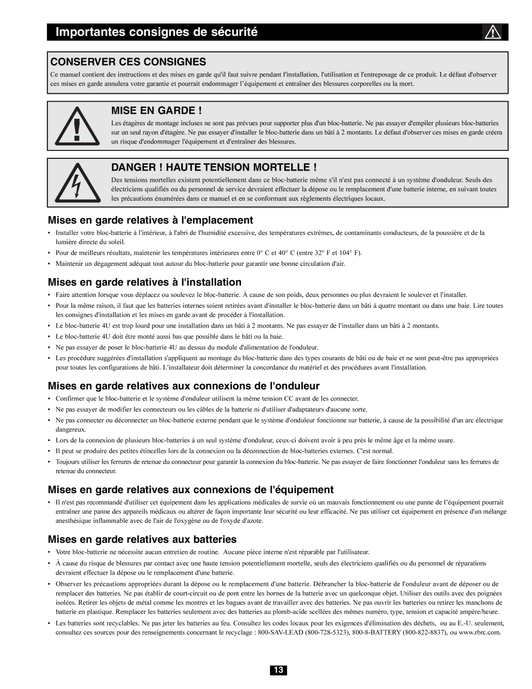 Tripp Lite BP Series owner manual Importantes consignes de sécurité 