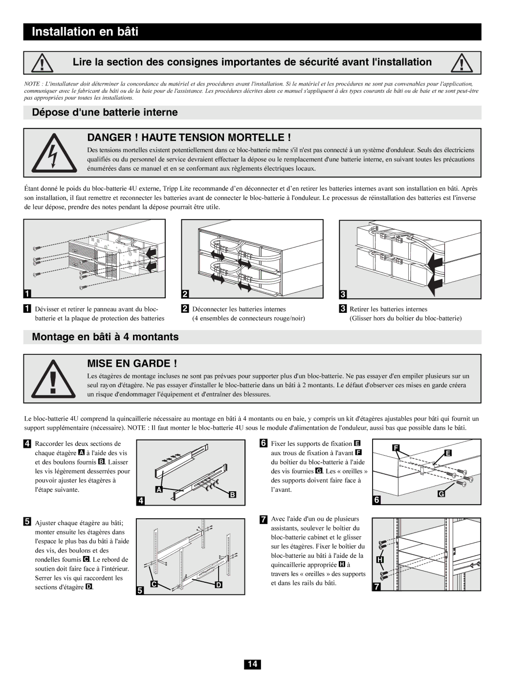 Tripp Lite BP Series owner manual Montage en bâti à 4 montants 