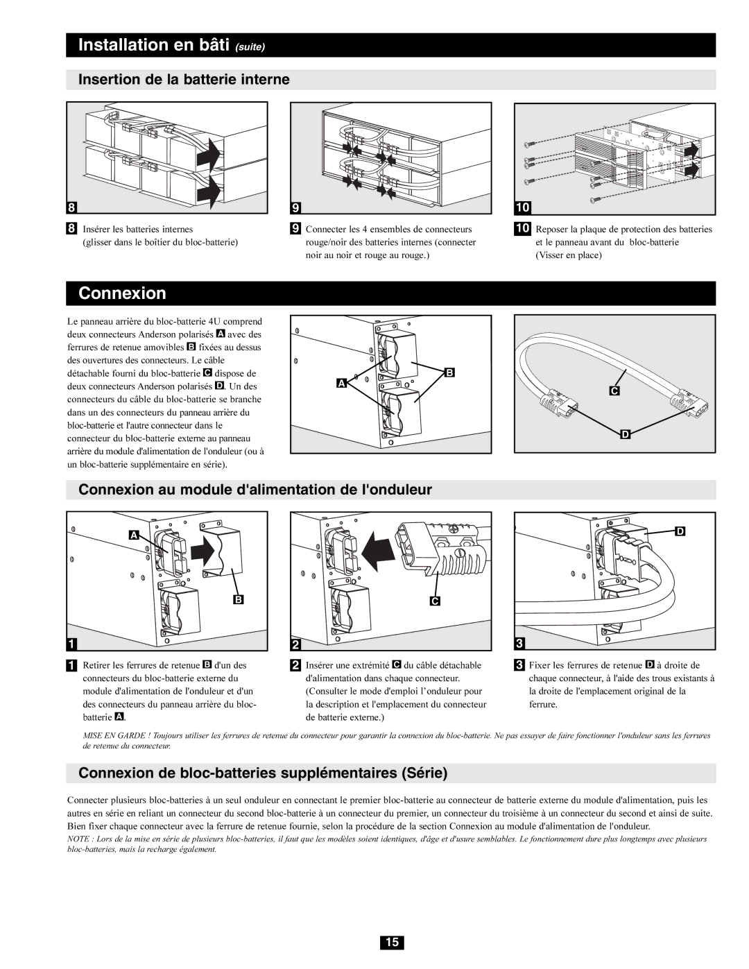 Tripp Lite BP Series owner manual Installation en bâti suite, Insertion de la batterie interne 