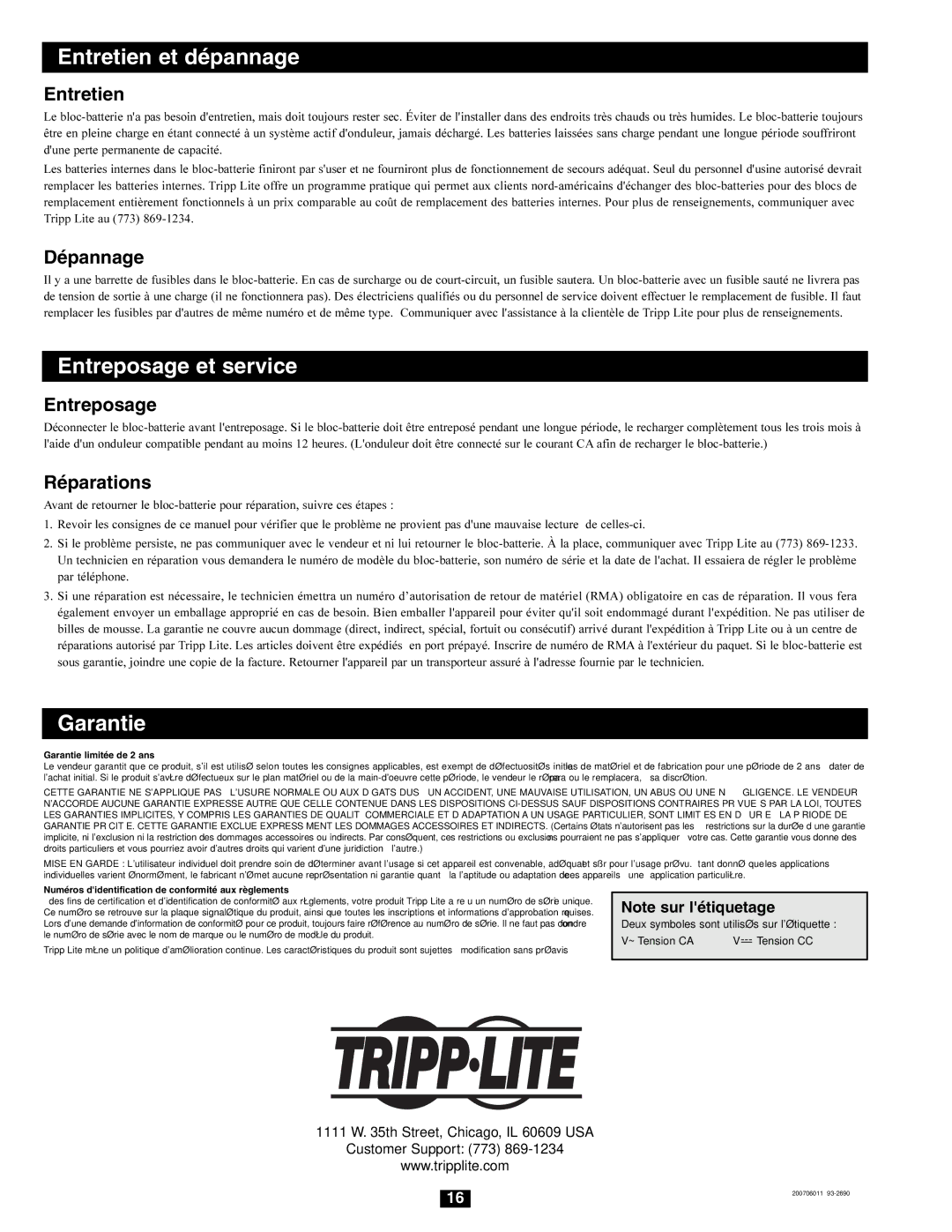 Tripp Lite BP Series owner manual Entretien, Dépannage, Entreposage, Réparations 