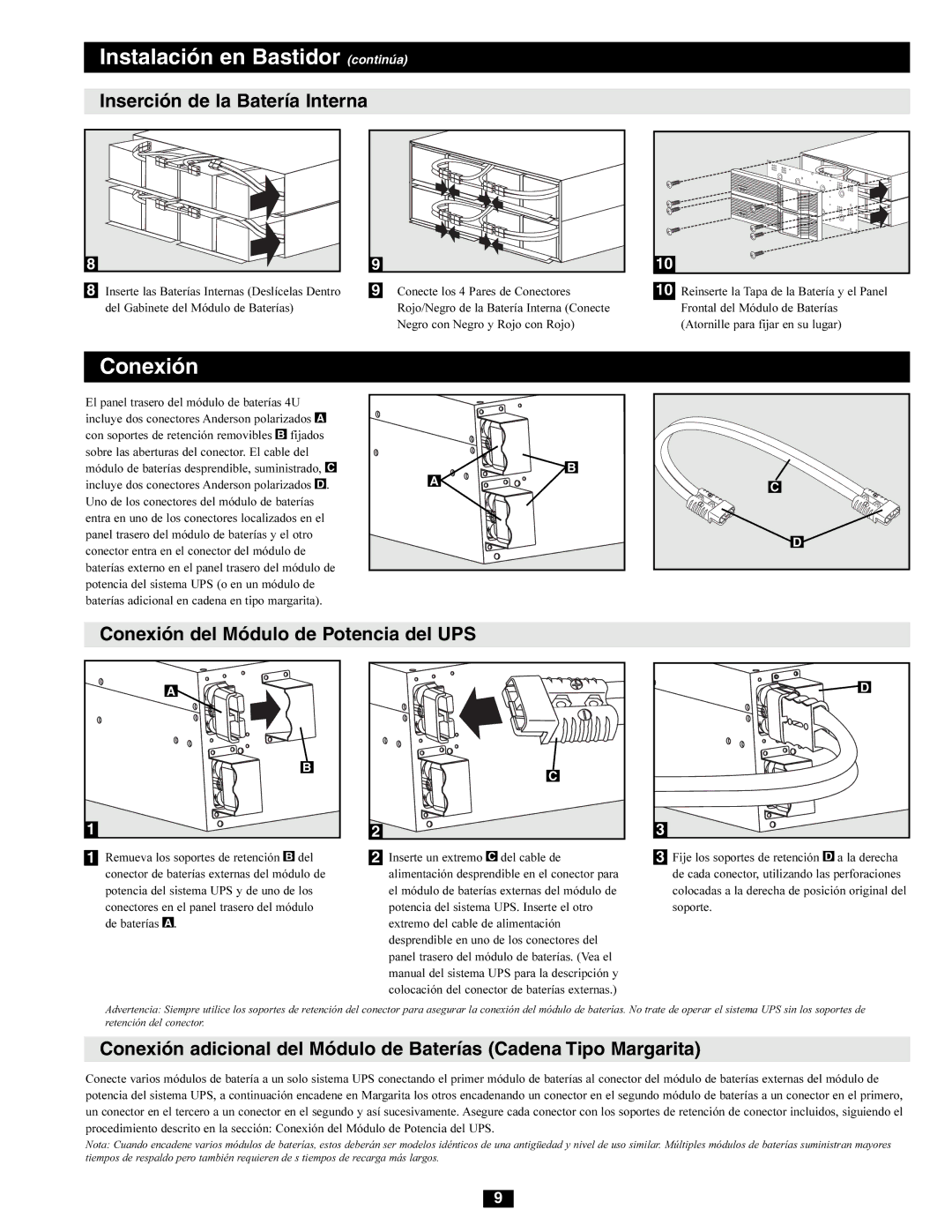 Tripp Lite BP Series owner manual Instalación en Bastidor continúa, Inserción de la Batería Interna 