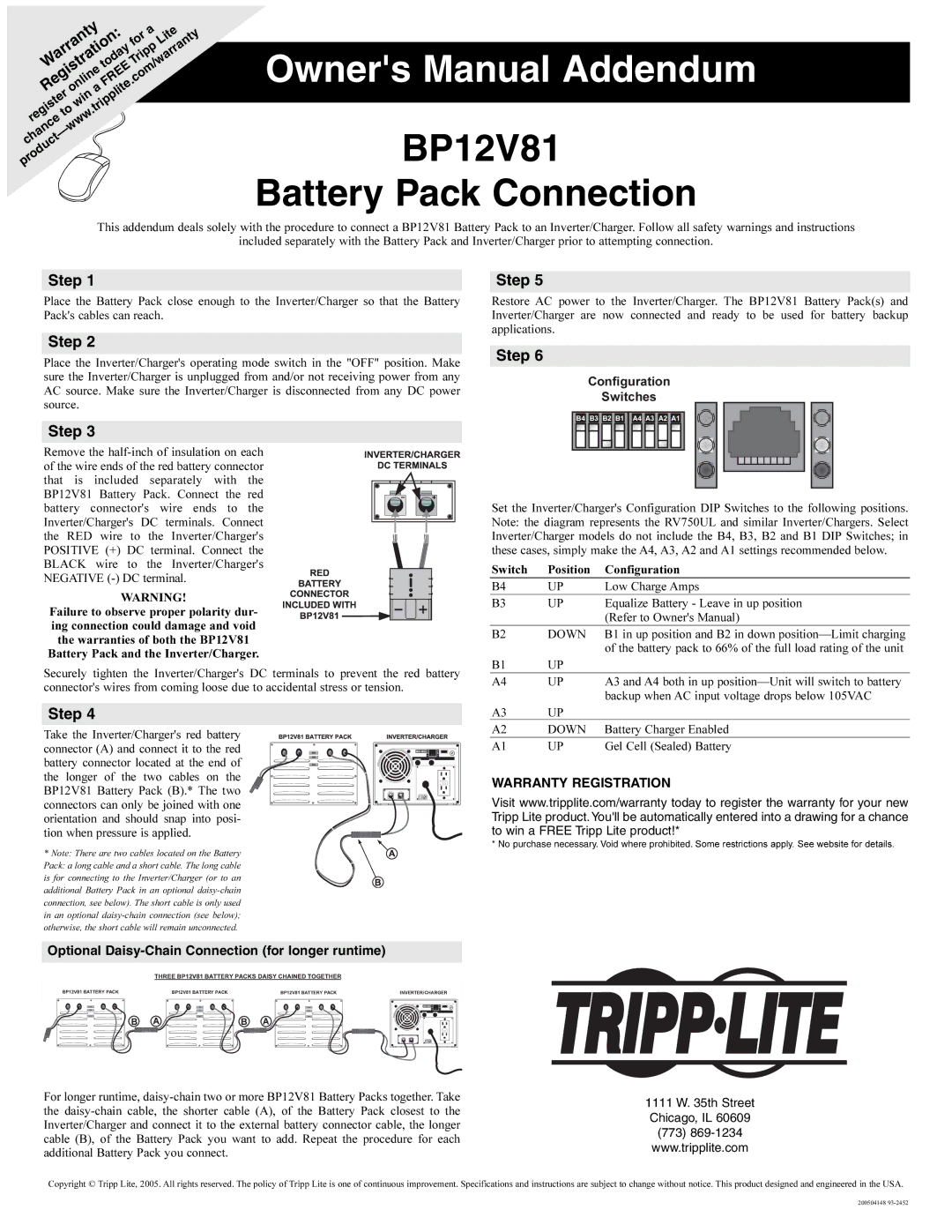 Tripp Lite owner manual BP12V81 Battery Pack Connection, Step, Configuration Switches, Warranty Registration 