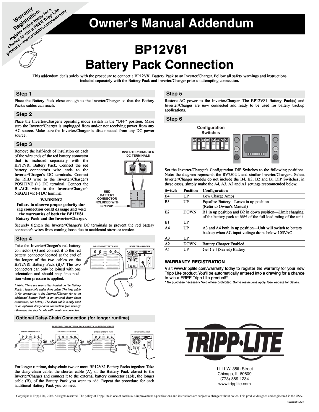 Tripp Lite owner manual BP12V81 Battery Pack Connection, Step, Warranty Registration 