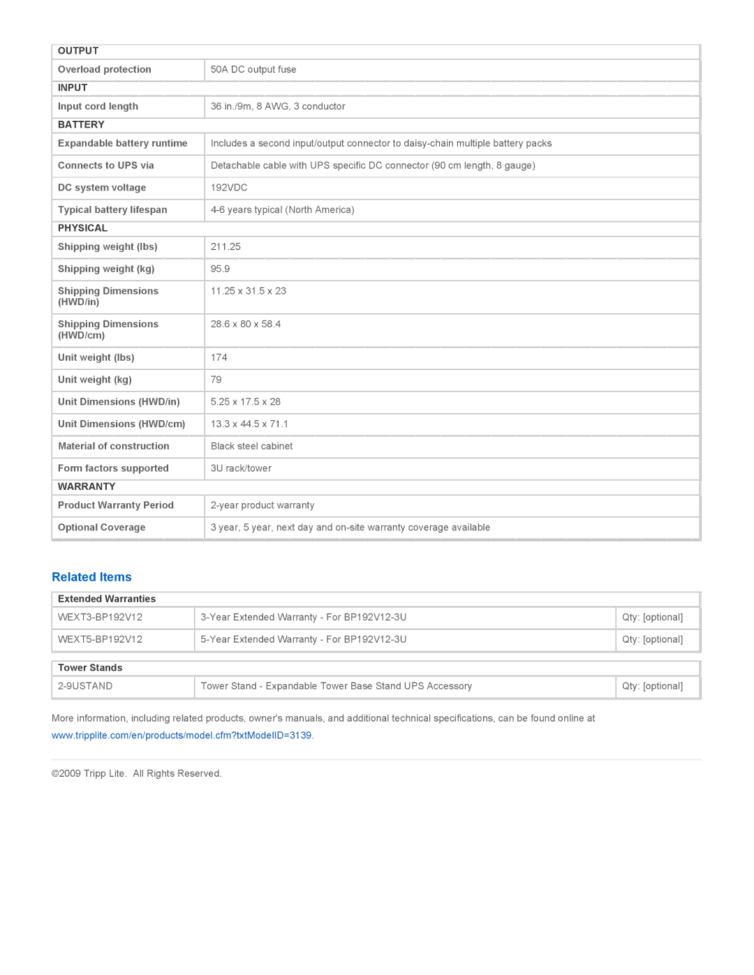 Tripp Lite BP192V12-3U specifications Related Items 