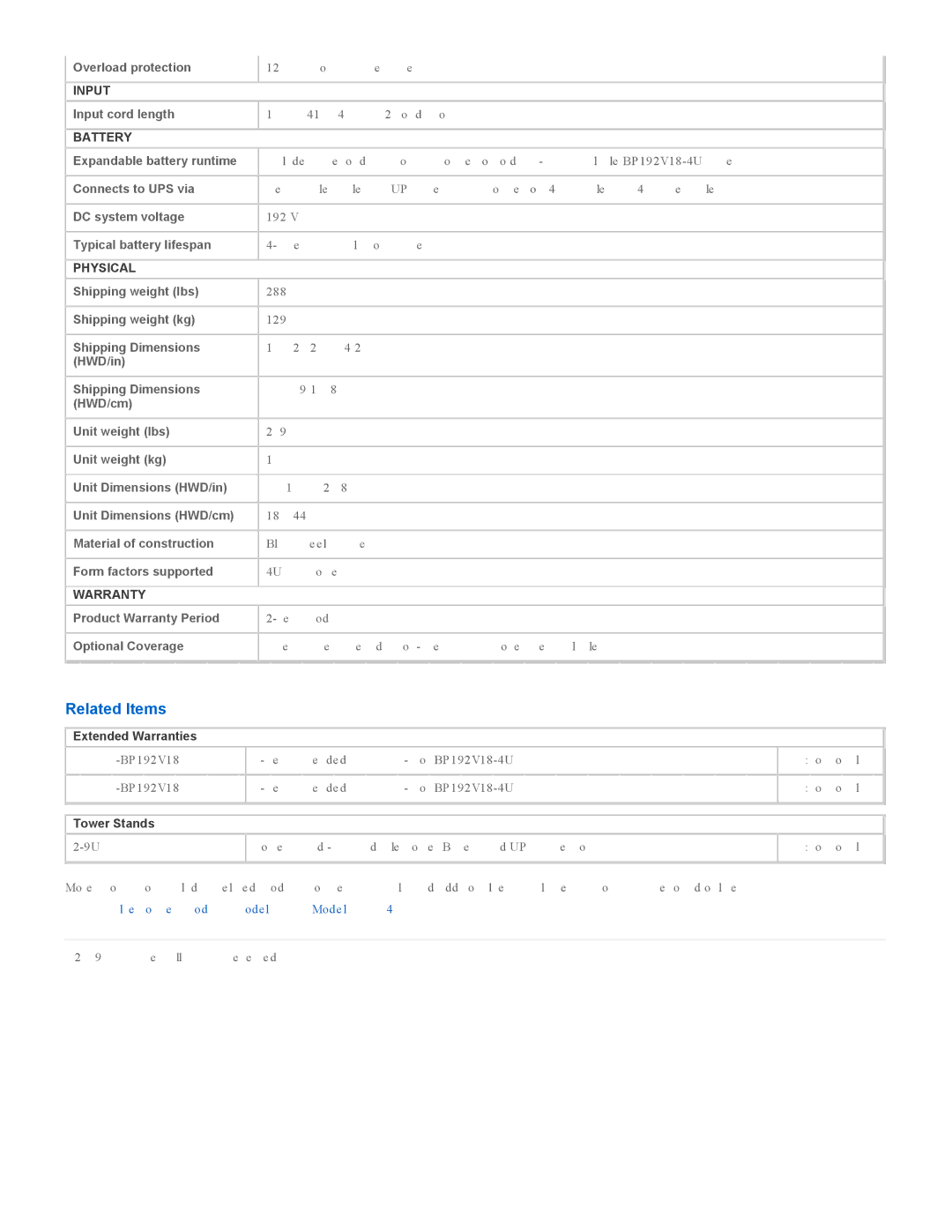 Tripp Lite BP192V18-4U specifications Related Items, Input, Battery, Physical, Warranty 