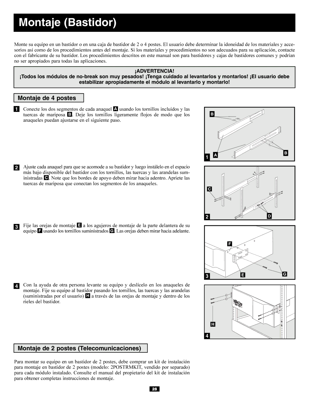 Tripp Lite BP240V10RT-3U owner manual Montaje Bastidor, Montaje de 4 postes, Montaje de 2 postes Telecomunicaciones 