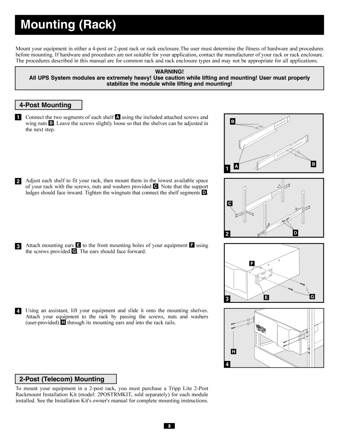 Tripp Lite BP240V10RT-3U owner manual Mounting Rack, Post Mounting, Post Telecom Mounting 