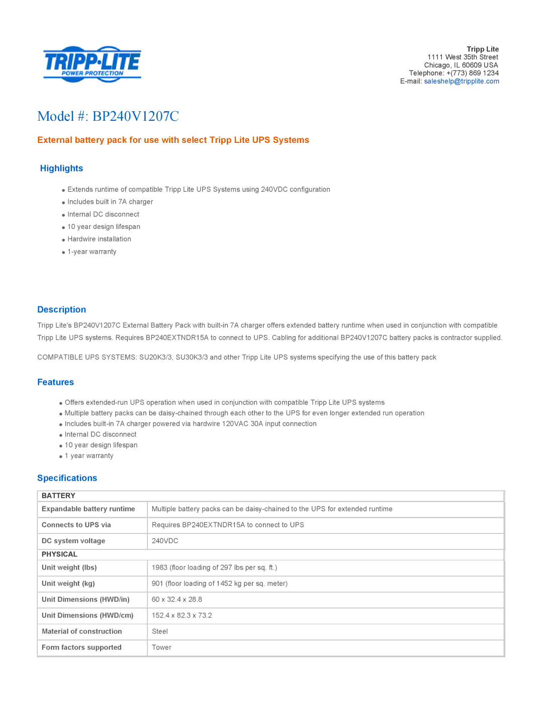 Tripp Lite specifications Model # BP240V1207C, Highlights, Description, Features, Specifications 