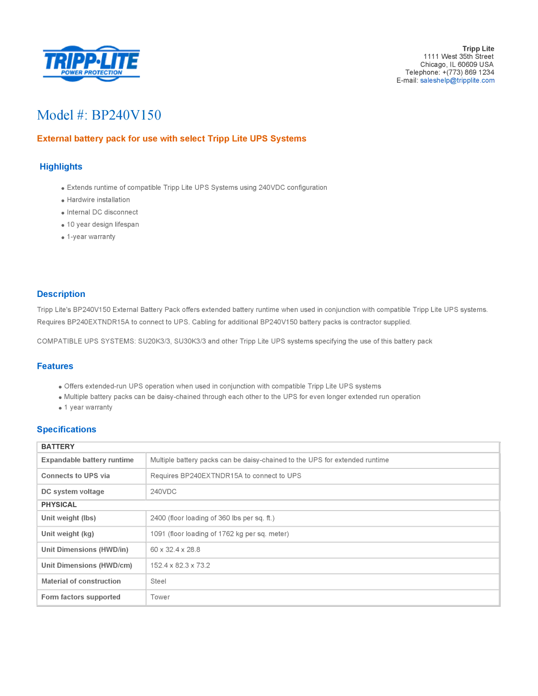Tripp Lite specifications Model # BP240V150, Highlights, Description, Features, Specifications 