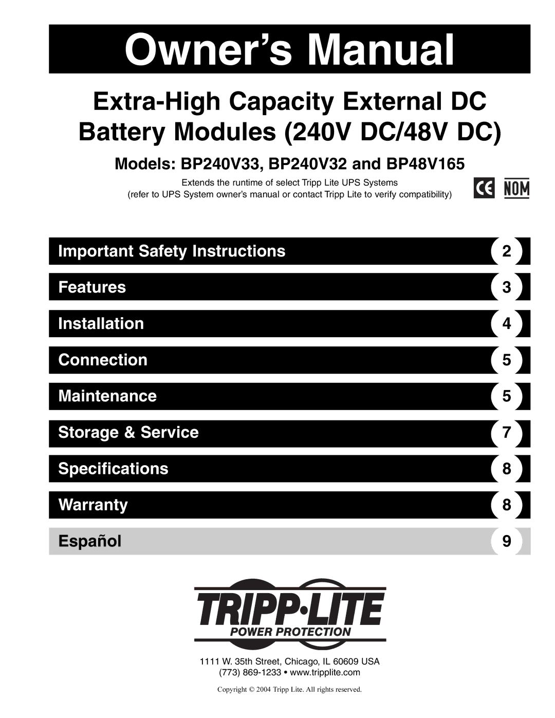 Tripp Lite owner manual Models BP240V33, BP240V32 and BP48V165 