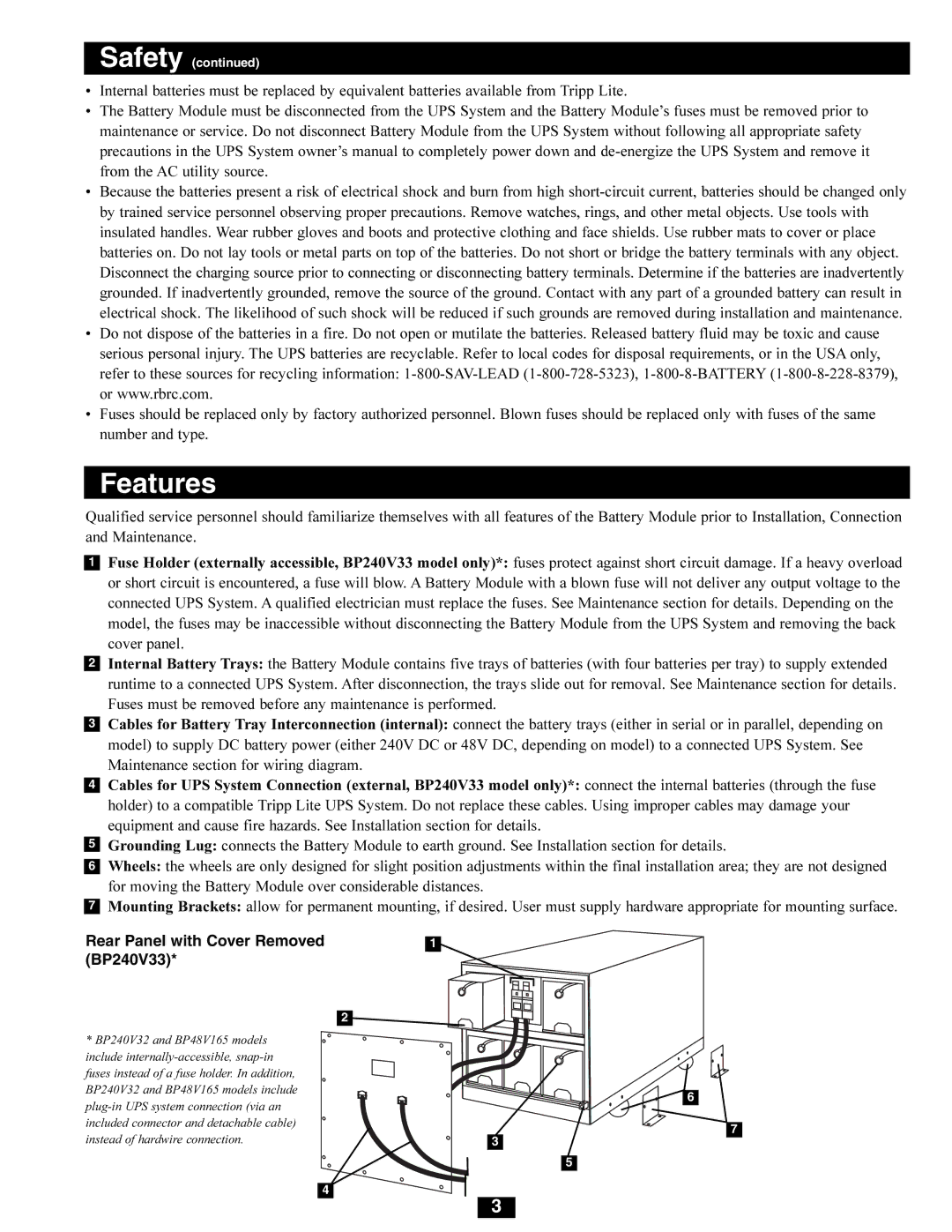 Tripp Lite BP240V32, BP48V165 owner manual Rear Panel with Cover Removed BP240V33 