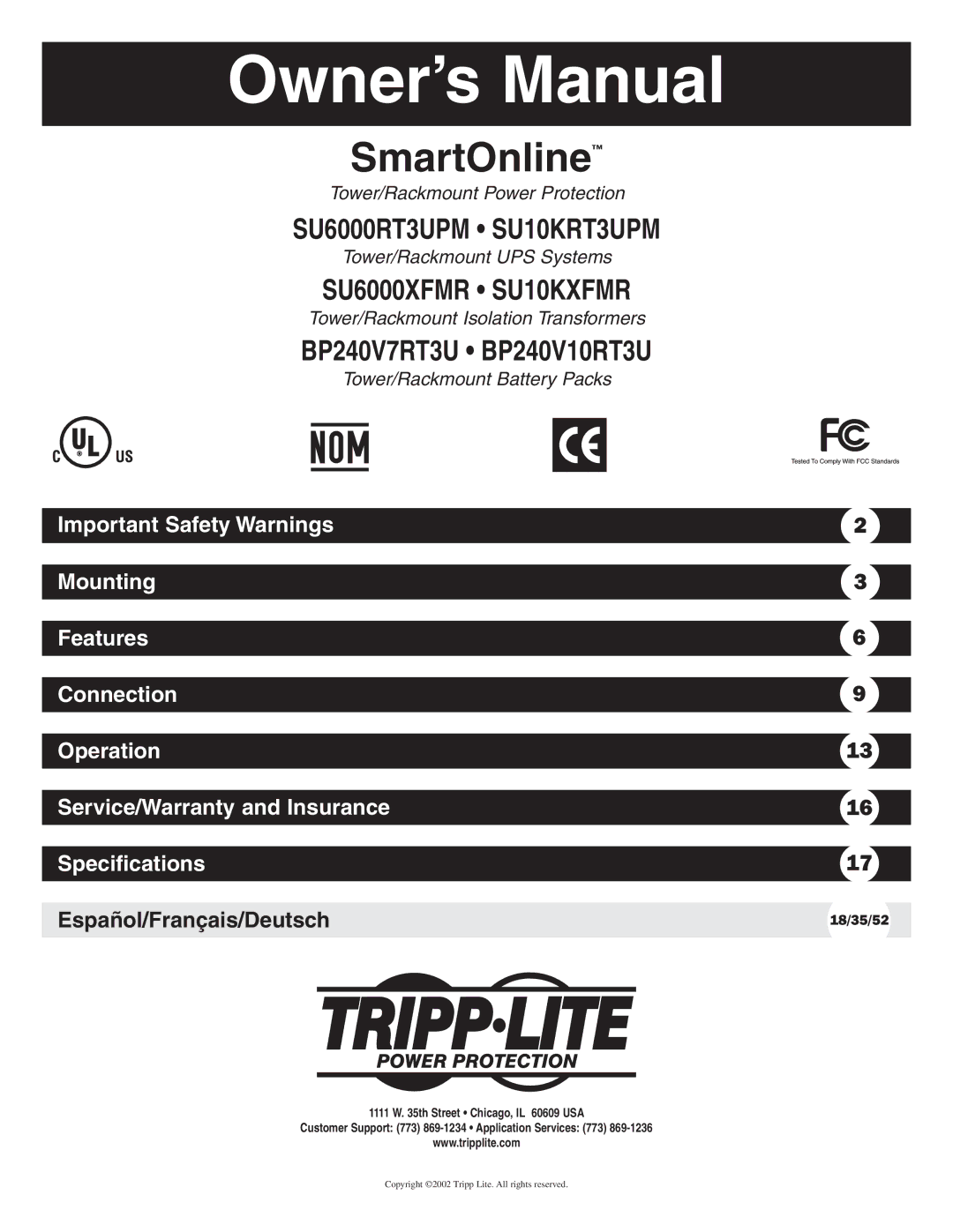 Tripp Lite BP240V10RT3U, BP240V7RT3U, SU10KXFMR, SU10KRT3UPM, SU6000XFMR, SU6000RT3UPM owner manual SmartOnline 