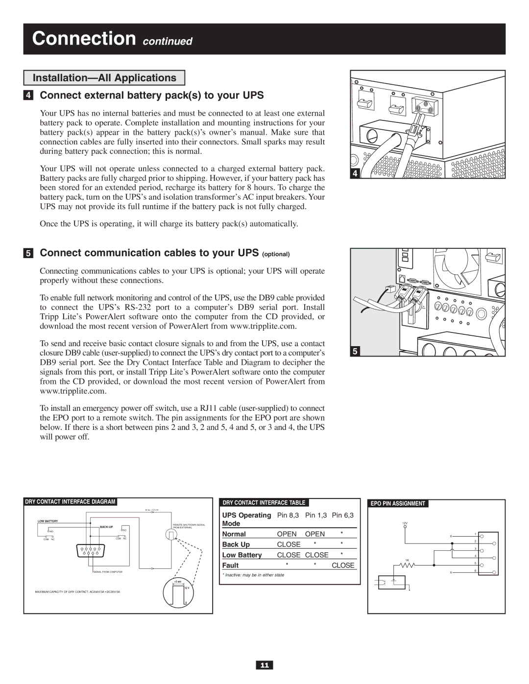 Tripp Lite SU6000RT3UPM, BP240V7RT3U Connect communication cables to your UPS optional, DRY Contact Interface Diagram 