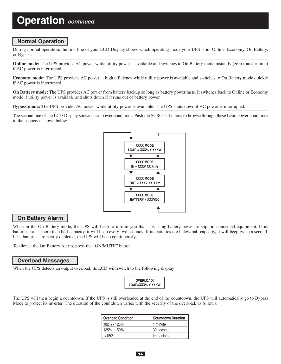 Tripp Lite SU10KXFMR, BP240V7RT3U, BP240V10RT3U, SU10KRT3UPM Normal Operation, On Battery Alarm, Overload Messages 