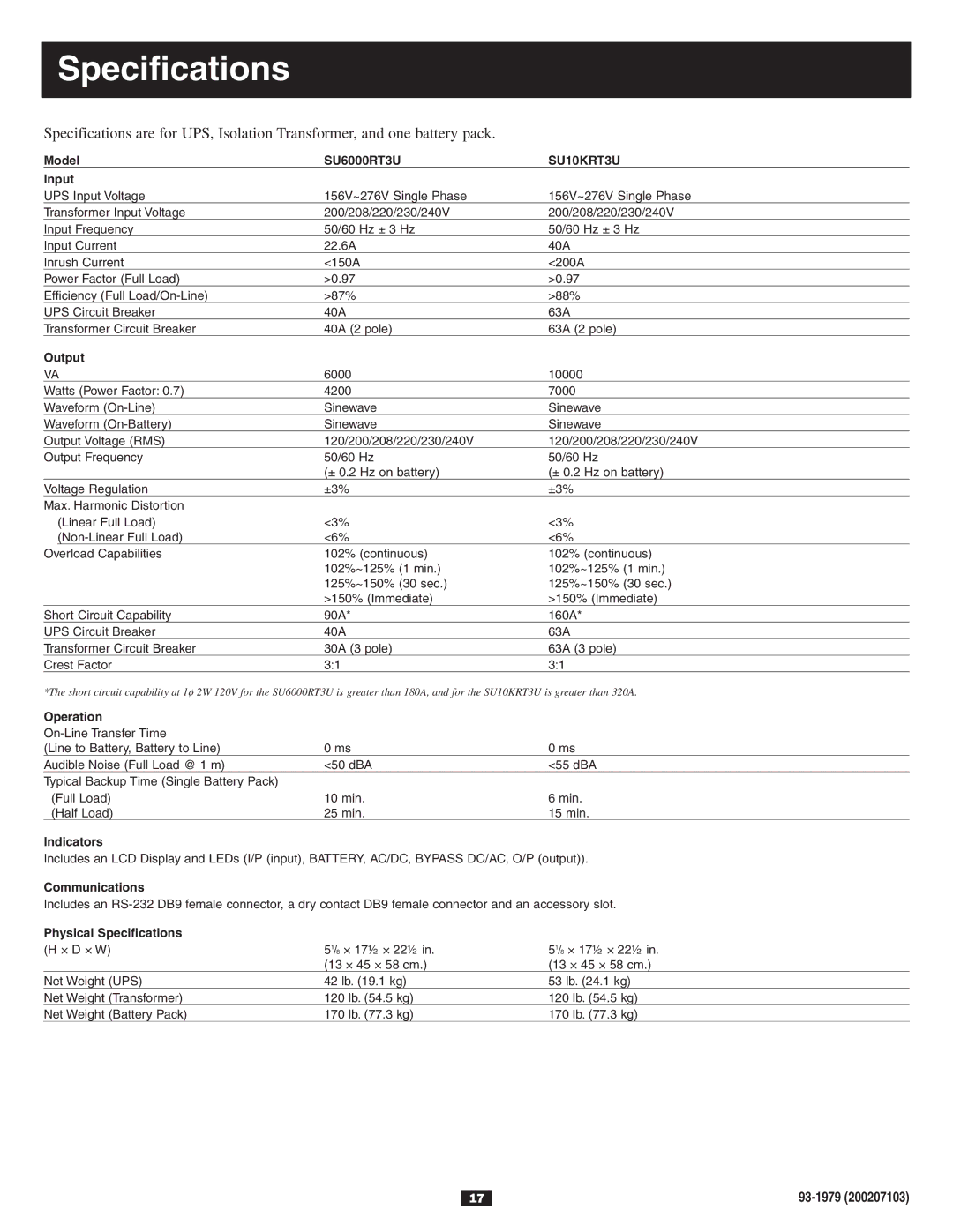 Tripp Lite SU6000RT3UPM, BP240V7RT3U, BP240V10RT3U, SU10KXFMR, SU10KRT3UPM, SU6000XFMR owner manual Specifications 