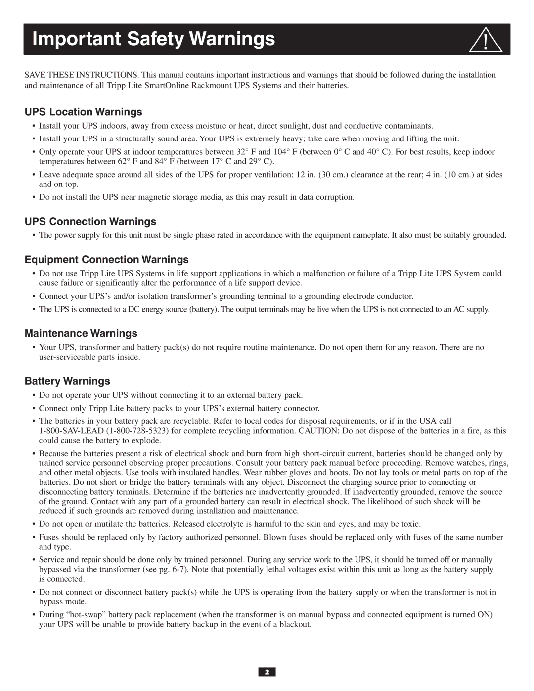 Tripp Lite SU10KXFMR, BP240V7RT3U, BP240V10RT3U, SU10KRT3UPM, SU6000XFMR, SU6000RT3UPM owner manual Important Safety Warnings 