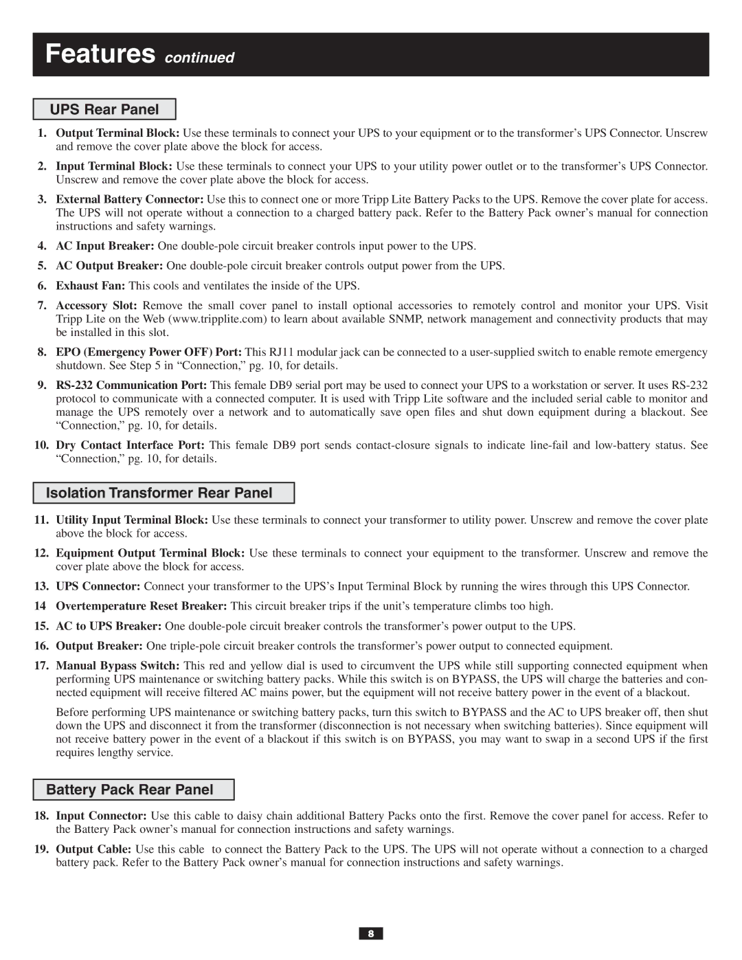 Tripp Lite SU10KXFMR, BP240V7RT3U, BP240V10RT3U, SU10KRT3UPM, SU6000XFMR, SU6000RT3UPM owner manual Features 