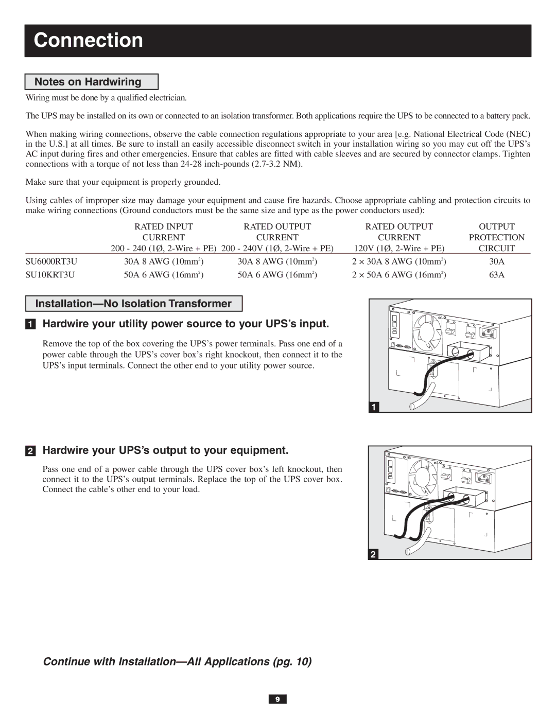 Tripp Lite SU10KRT3UPM, BP240V7RT3U, BP240V10RT3U, SU10KXFMR Connection, Hardwire your UPS’s output to your equipment 