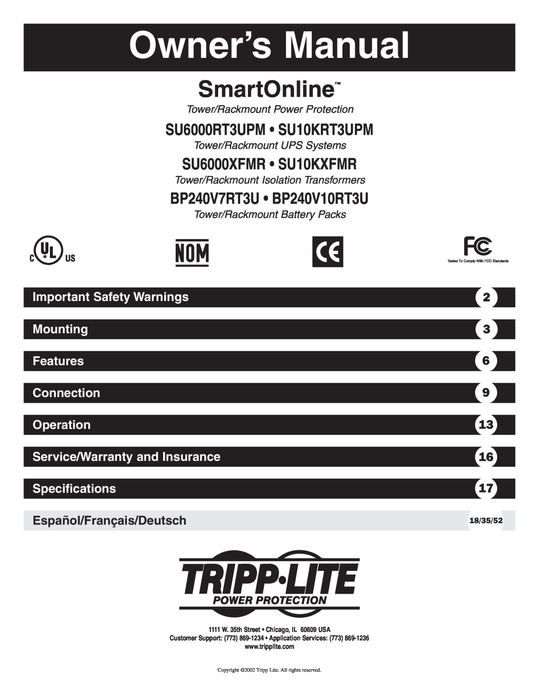 Tripp Lite BP240V10RT3U owner manual Owner’s Manual, SmartOnline, SU6000RT3UPM SU10KRT3UPM, SU6000XFMR SU10KXFMR, Mounting 