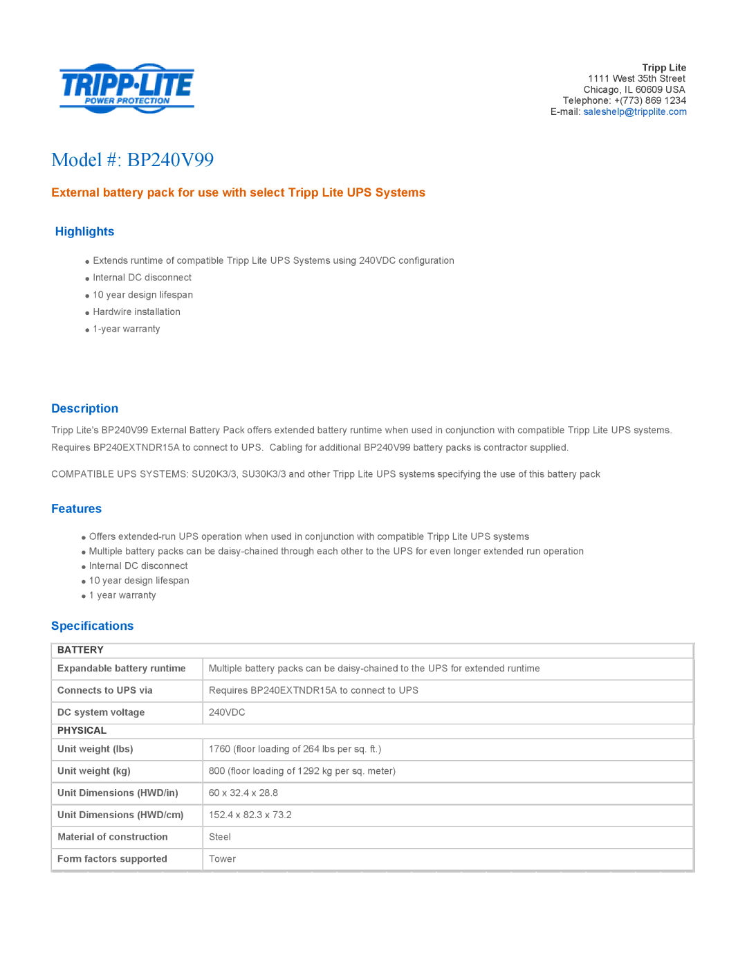 Tripp Lite specifications Model # BP240V99, Highlights, Description, Features, Specifications 