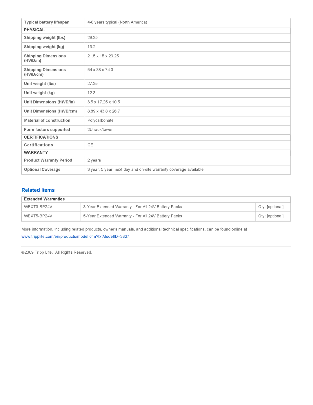 Tripp Lite BP24V15RT2U specifications Related Items, Physical, Certifications, Warranty 