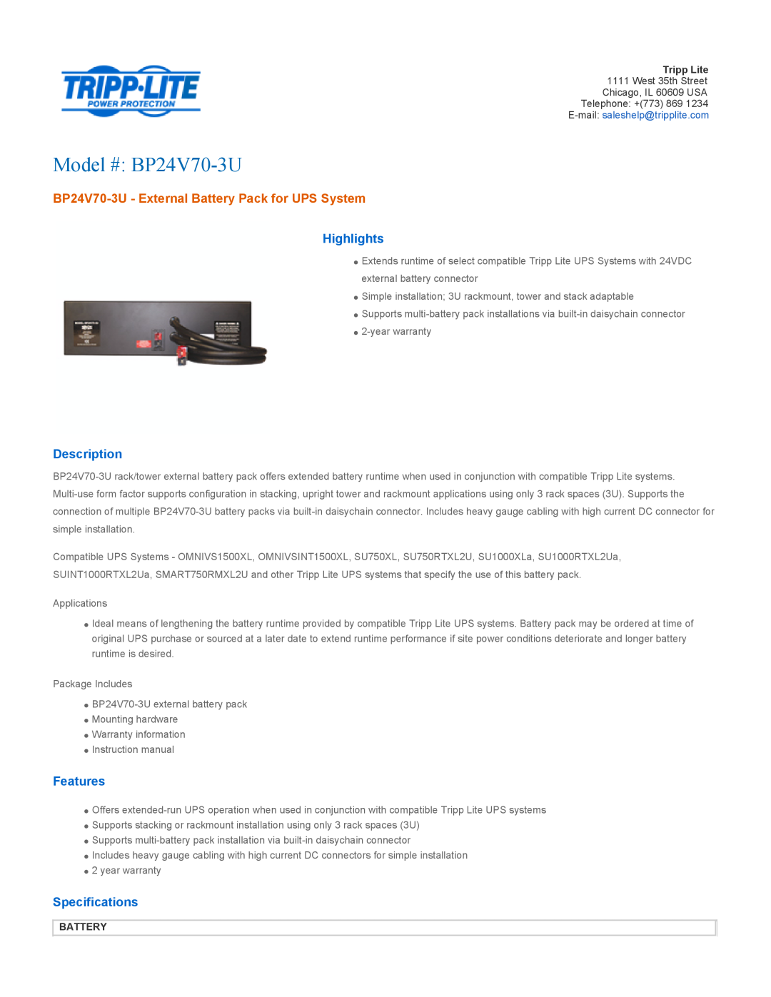 Tripp Lite specifications Highlights, Description, Features, Specifications, Battery, Model # BP24V70-3U 