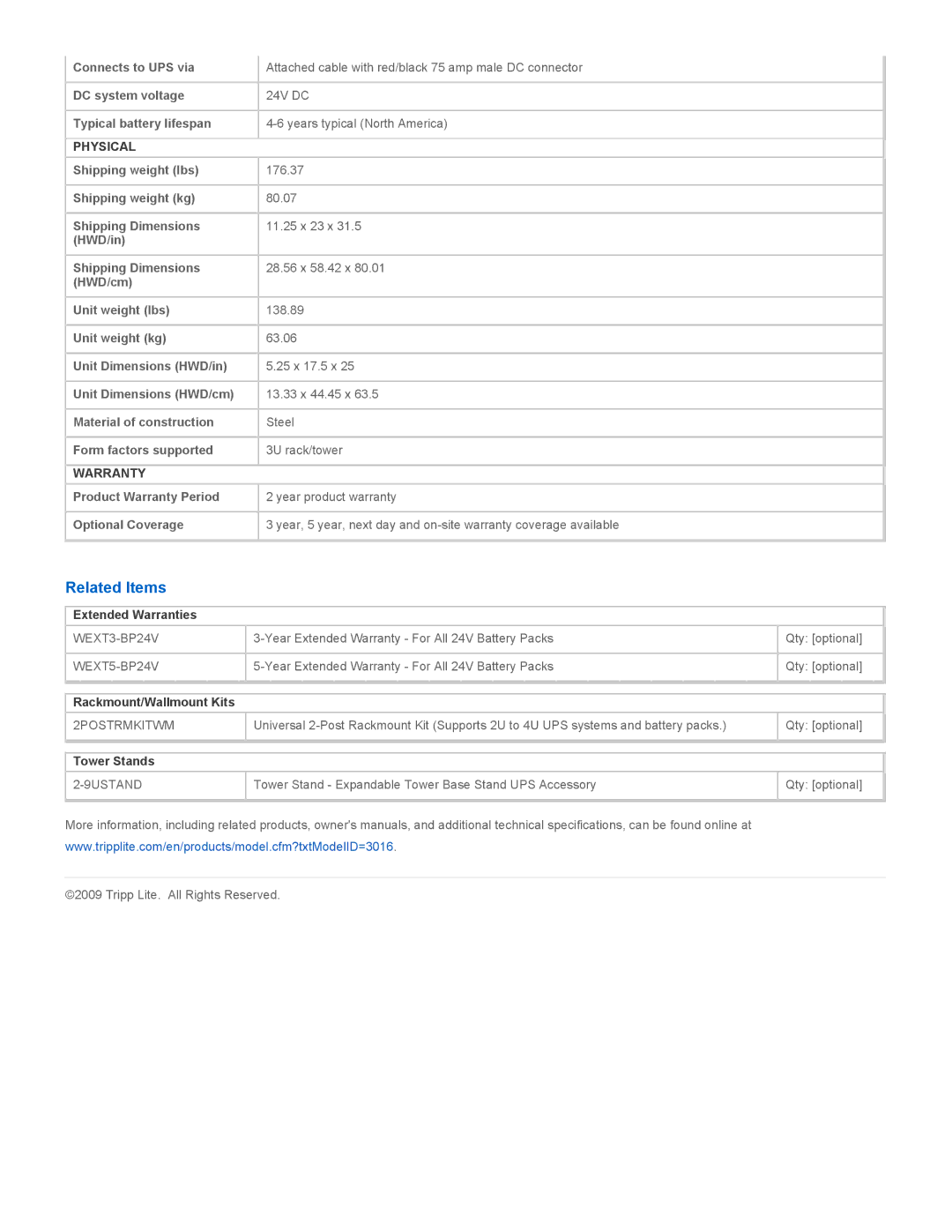 Tripp Lite BP24V70-3U specifications Related Items, Physical, Warranty 