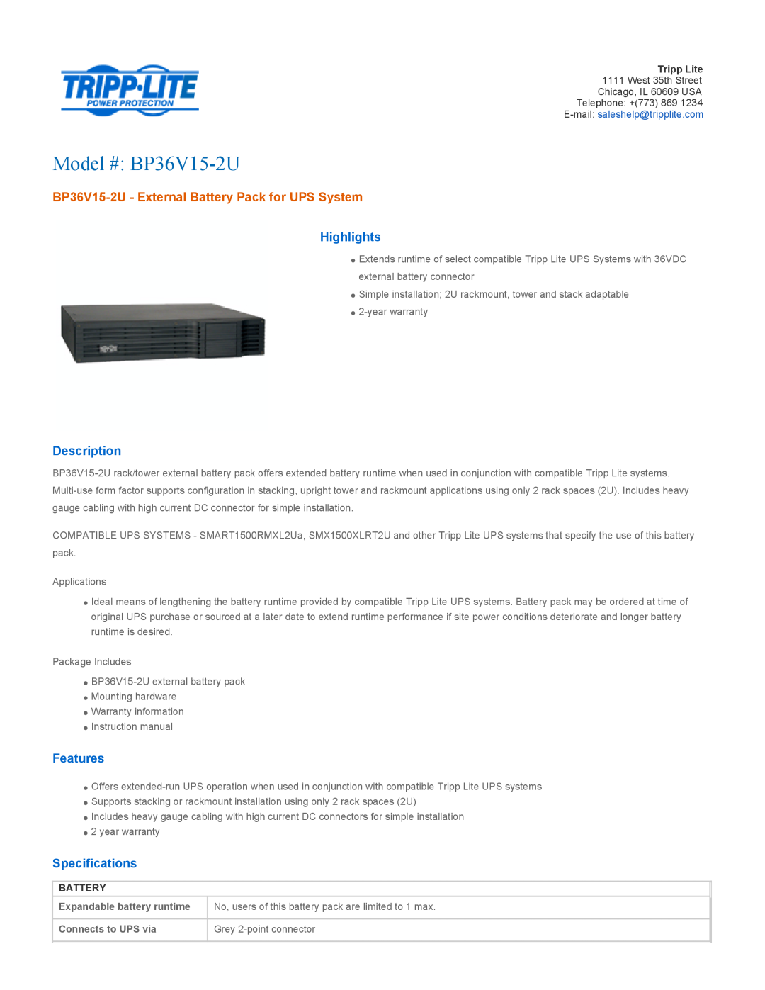 Tripp Lite BP36V15-2U specifications Highlights, Description, Features, Specifications, Battery, Connects to UPS via 