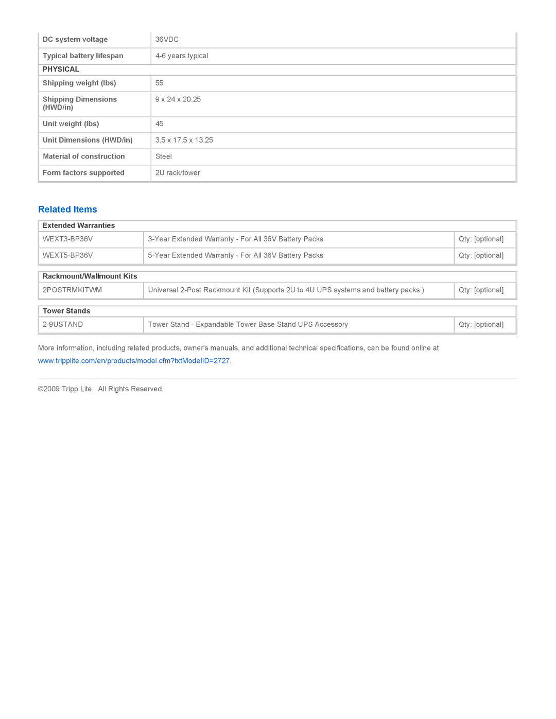 Tripp Lite BP36V15-2U specifications Related Items, Physical, Extended Warranties, Rackmount/Wallmount Kits, Tower Stands 