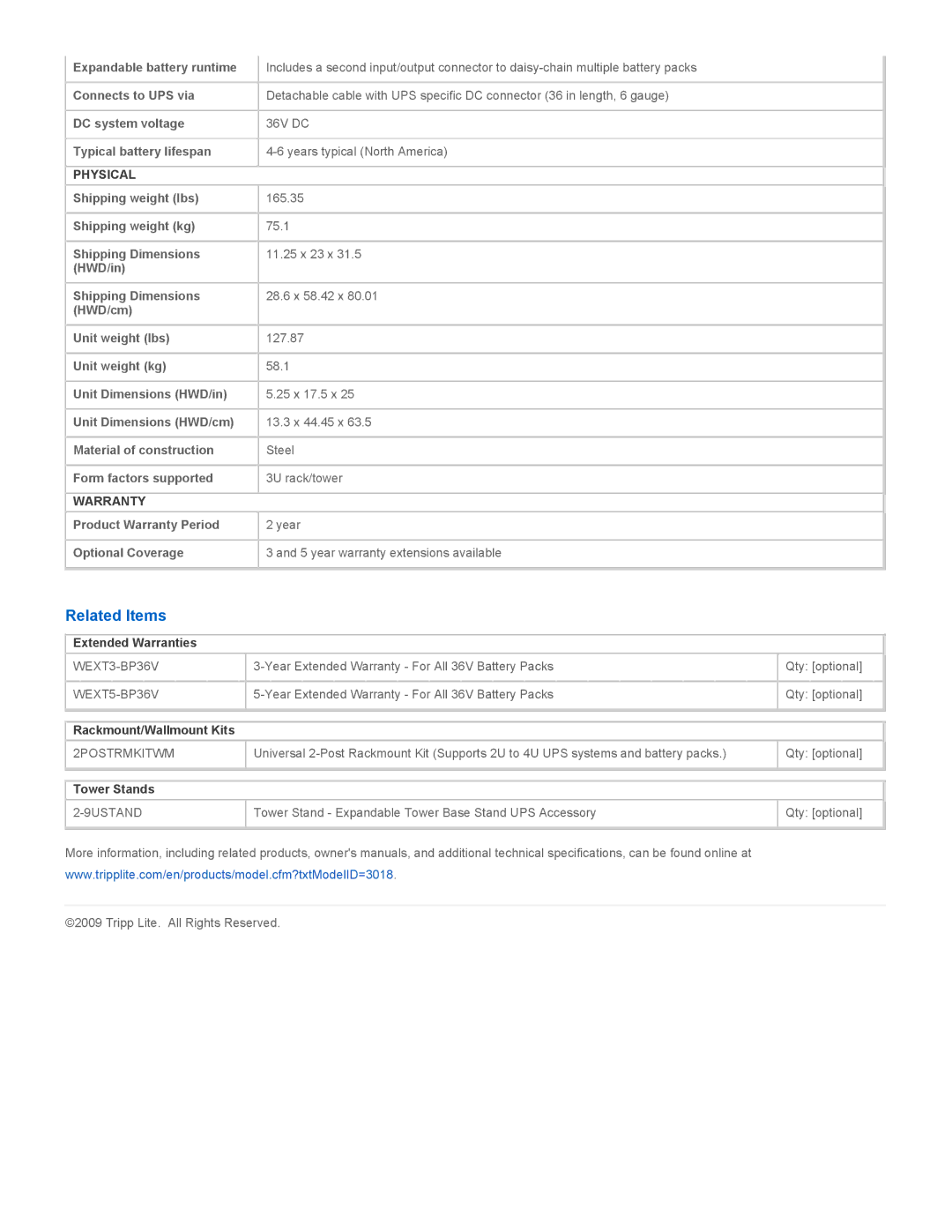 Tripp Lite BP36V42-3U specifications Related Items, Physical, Warranty 
