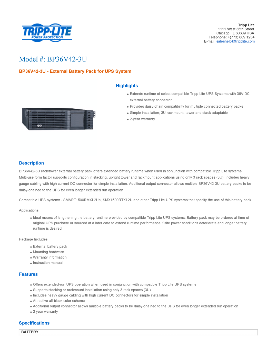 Tripp Lite specifications Highlights, Description, Features, Specifications, Battery, Model # BP36V42-3U 
