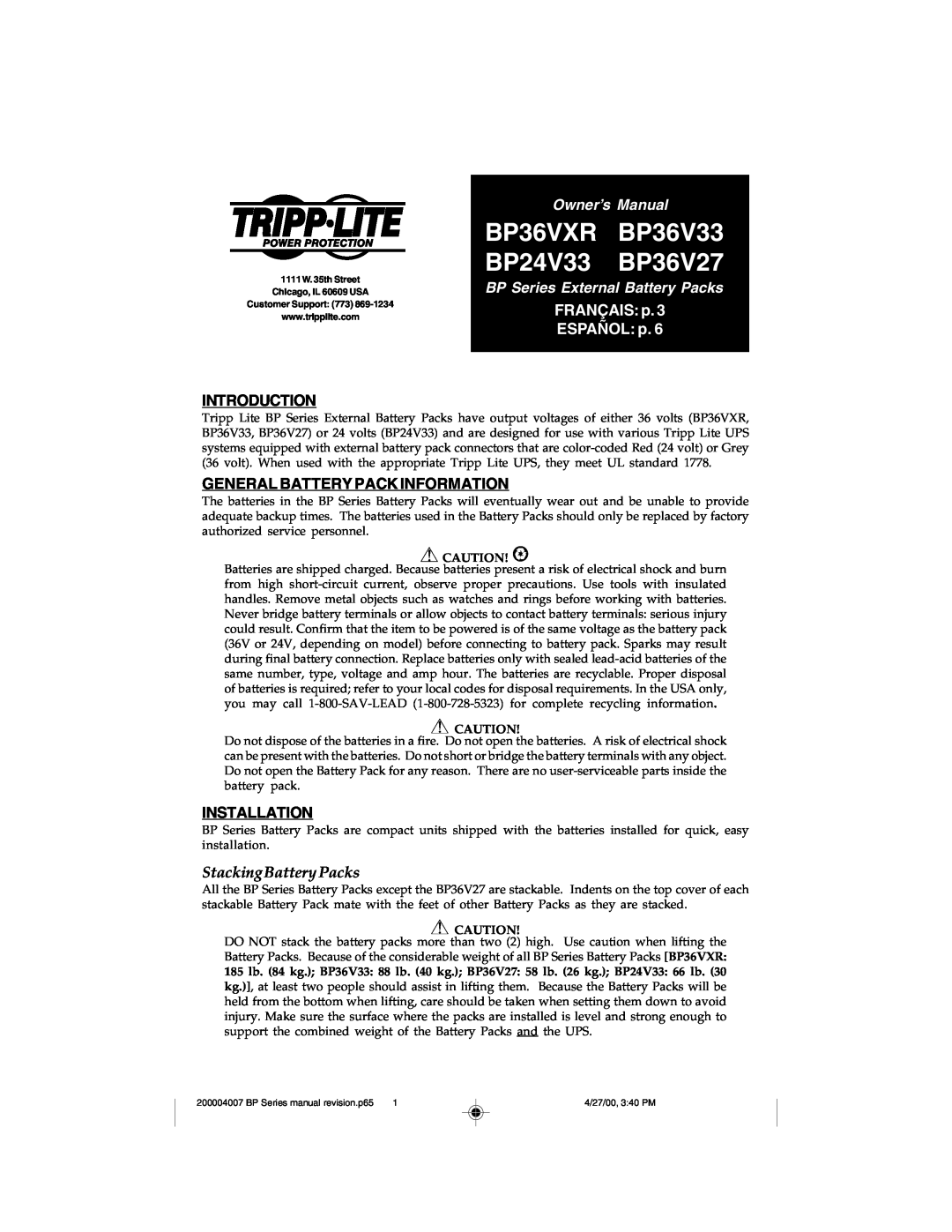 Tripp Lite BP36V33 owner manual Introduction, General Battery Pack Information, Installation, Stacking Battery Packs 
